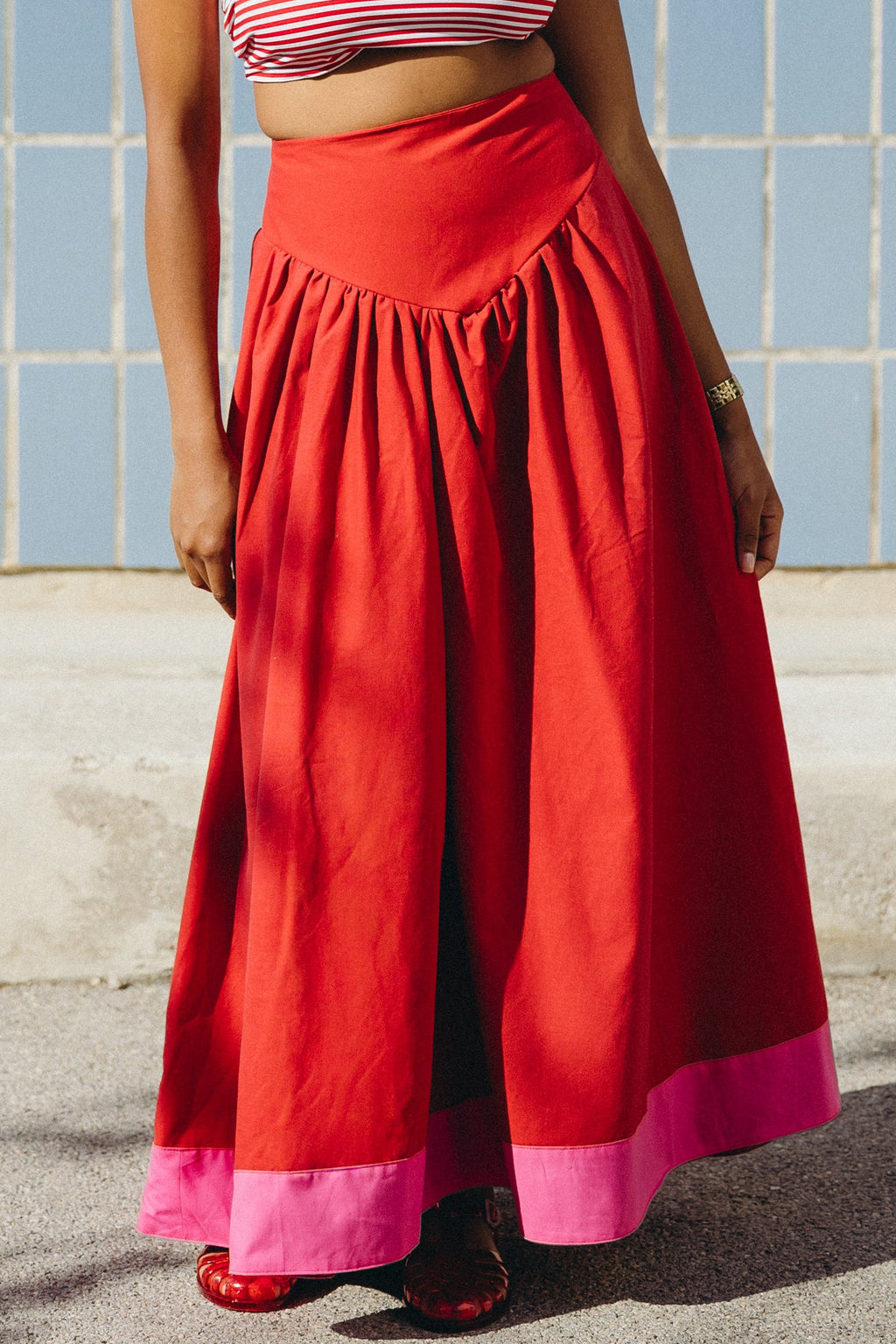 Red skirt with a Basque waist