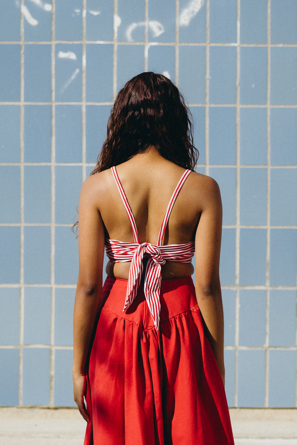 Red and white striped tie-front top